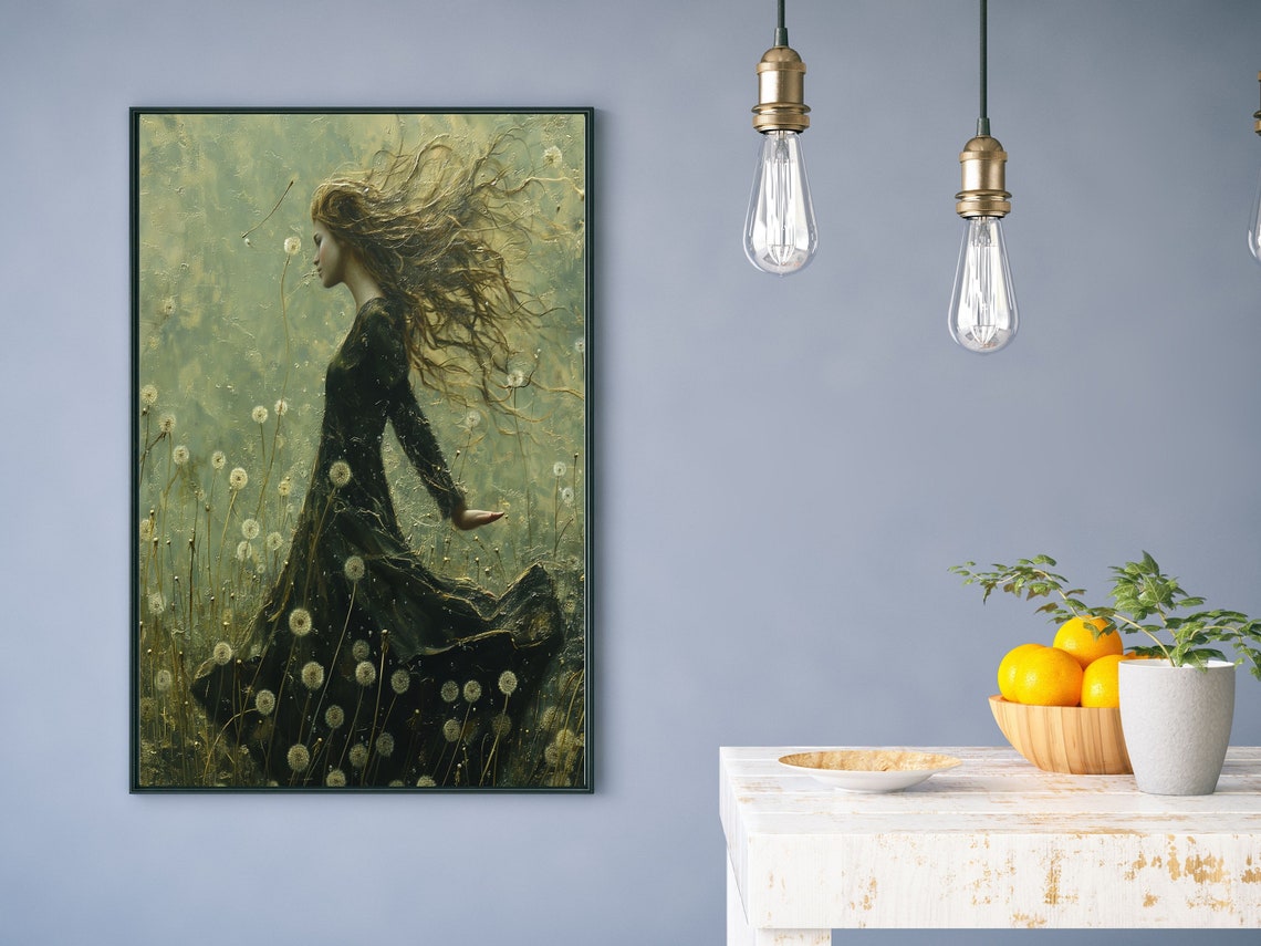 Dandelion Meadow Woman in the Wind Dark Floral Botanical Wall Poster - Image 4
