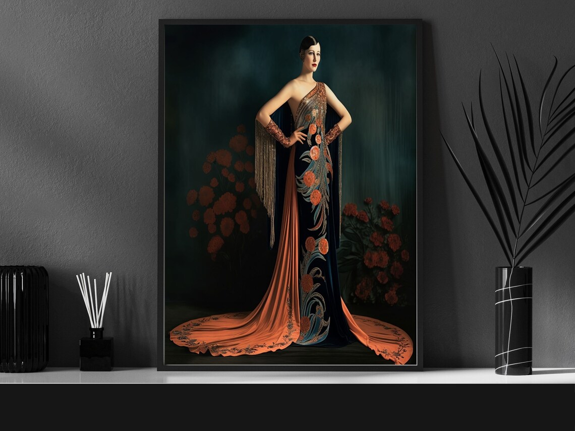 Art Deco Woman in One-Shoulder Orange Floral Embroidered Gown Poster - Image 6