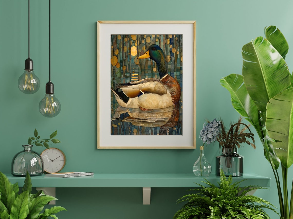 Art Deco Mallard Duck on Golden Marsh 1920s Wildlife Nature Poster - Image 3
