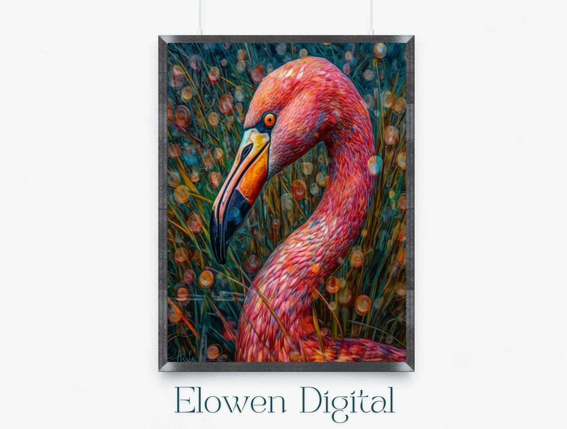 Pink Flamingo Portrait Close Up With Sparkling Golden Bokeh Wall Art