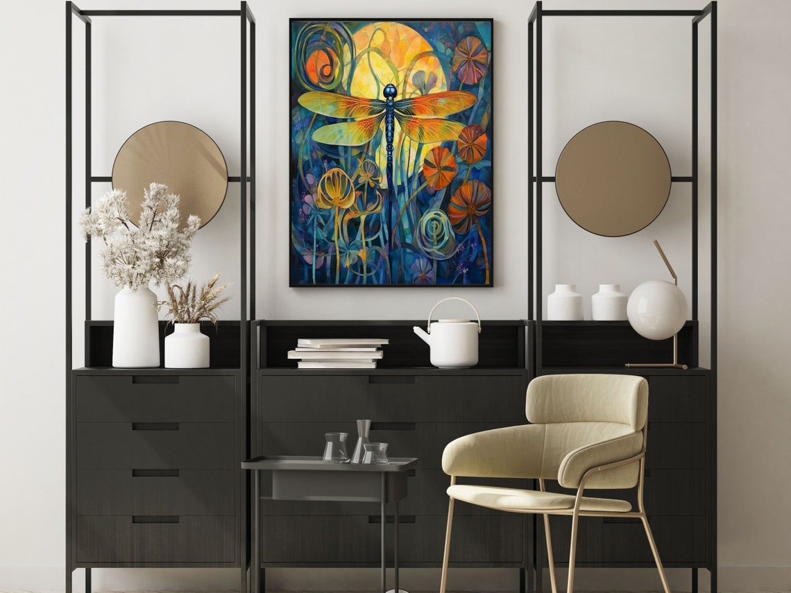 Art Nouveau Dragonfly Stained Glass Style Flower Garden Wall Art - Image 4