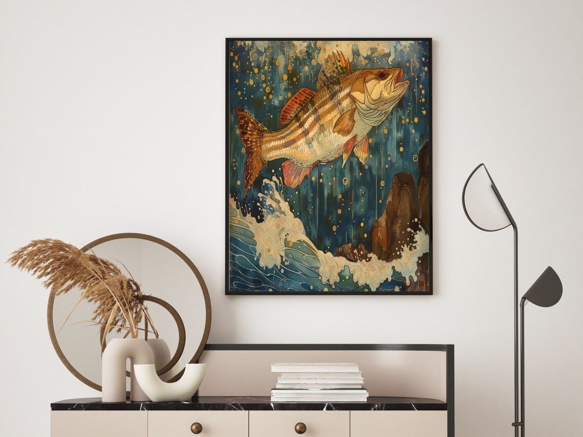Art Nouveau Fish Wall Art Retro Salmon Decor Poster Trout Jumping Out Of The Water Wall Hanging Striped Bass Original Art - Image 2