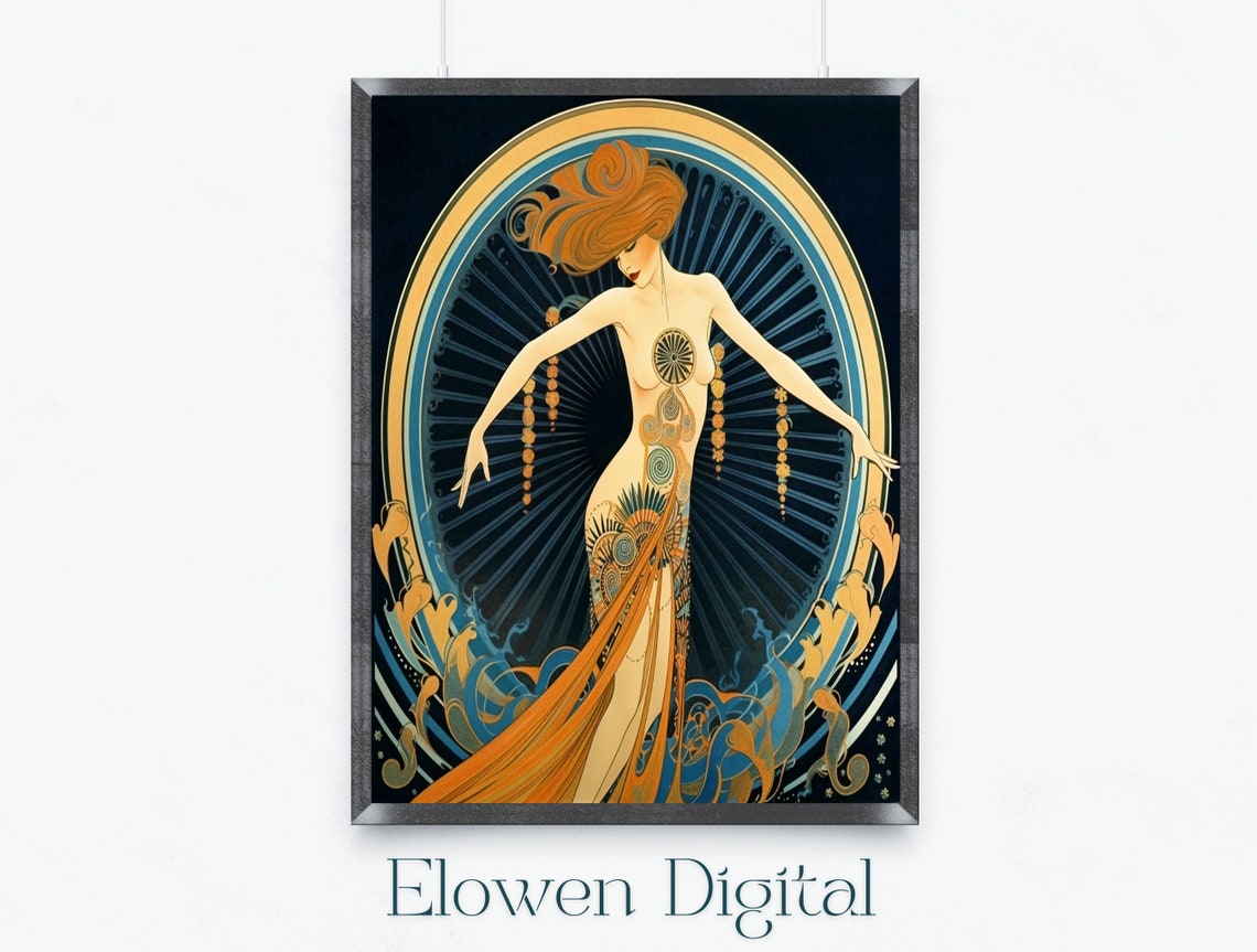 Theatrical Art Deco Erte Style Dancer Peacock Gown Fan Poster