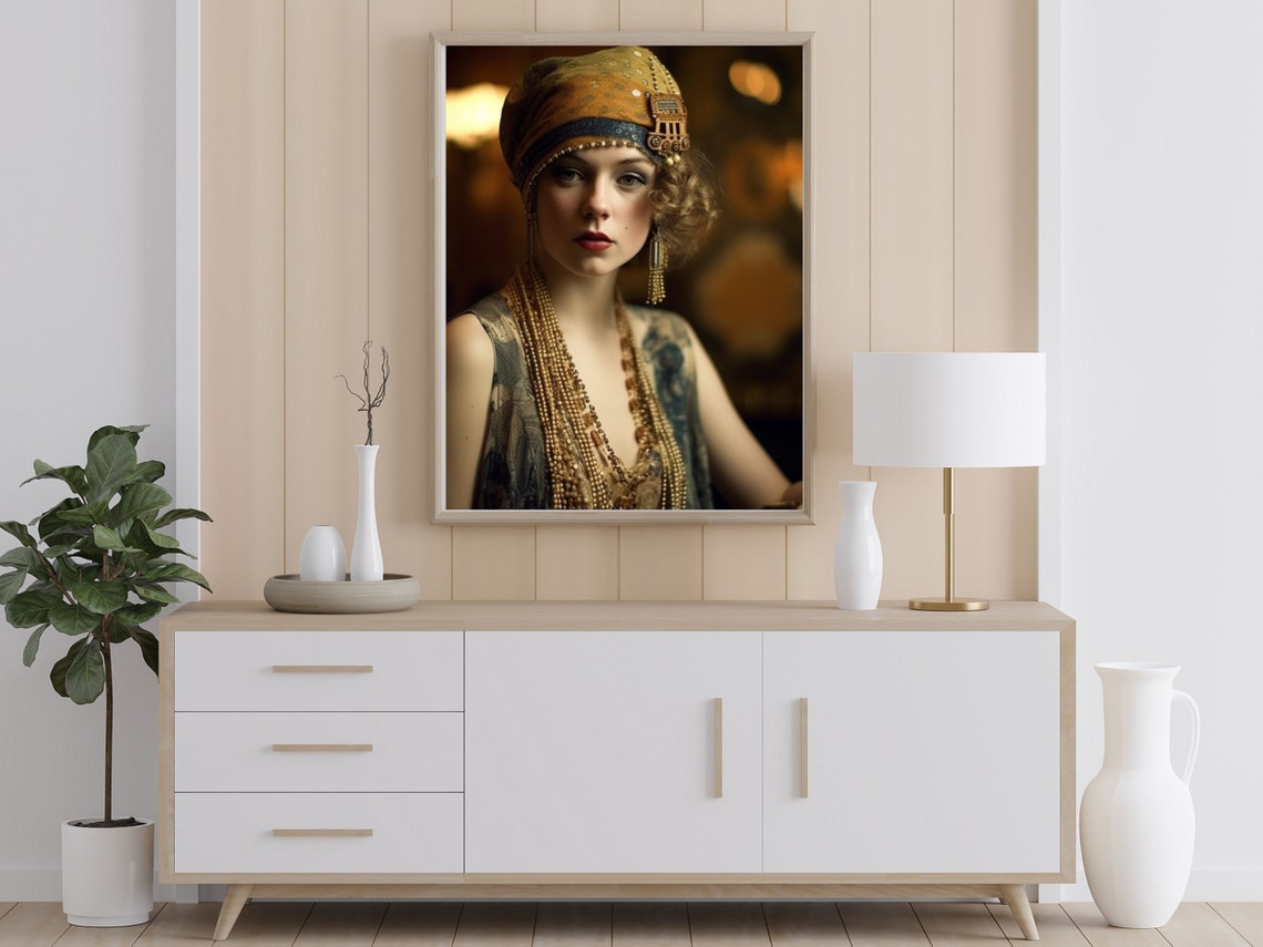 1920s Flapper Woman In Gold Beaded Headscarf And Pearls Art Deco Print - Image 2