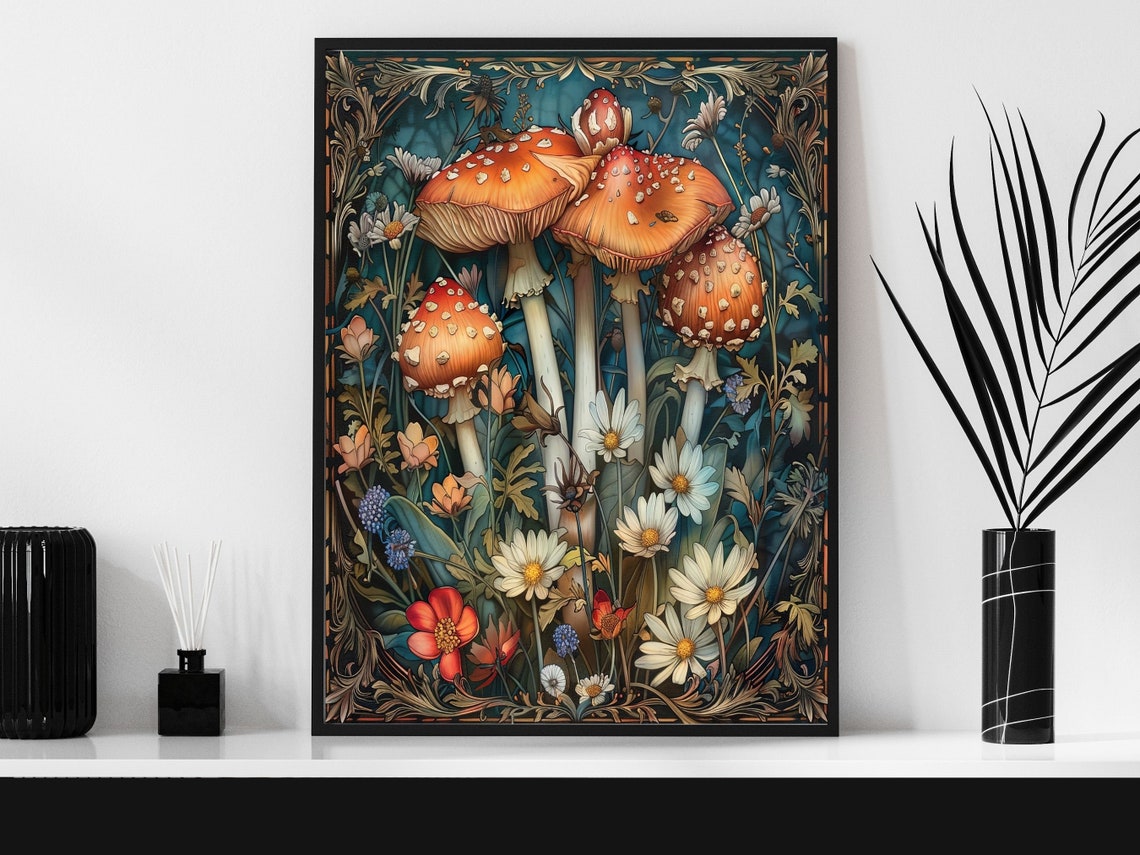 Red Fly Agaric Mushrooms Among Wildflowers Botanical Wall Poster - Image 2
