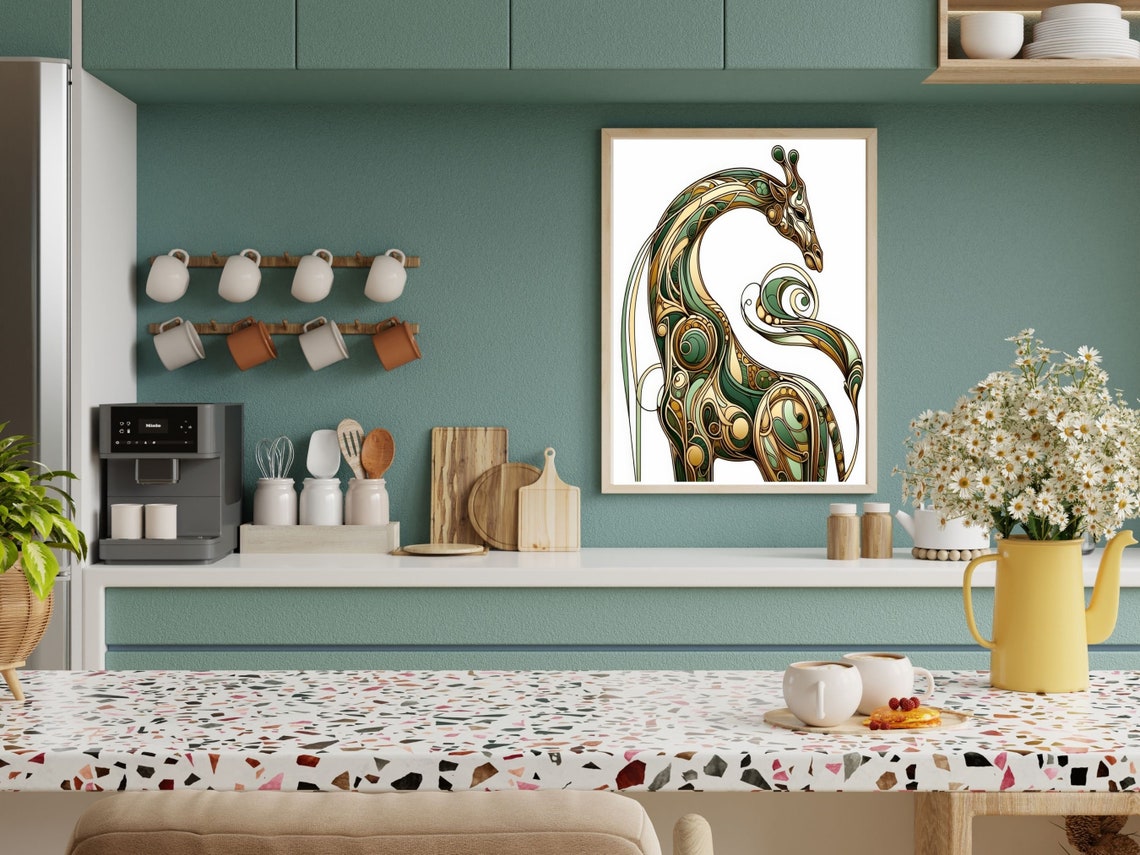 Sage Green and Gold Art Nouveau Giraffe Standing Portrait Poster - Image 3