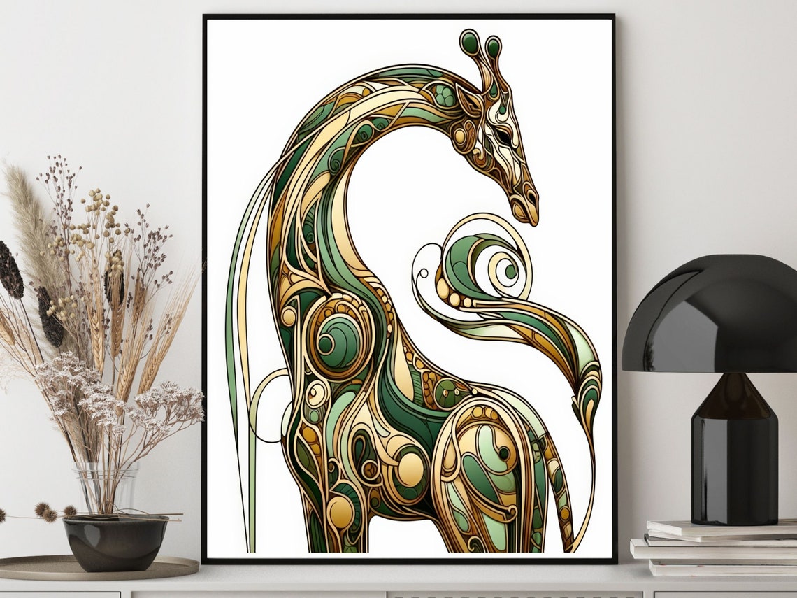 Sage Green and Gold Art Nouveau Giraffe Standing Portrait Poster - Image 4