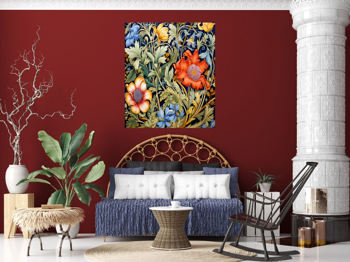 William Morris Style Poppies and Irises Navy Botanical Wall Art - Image 4