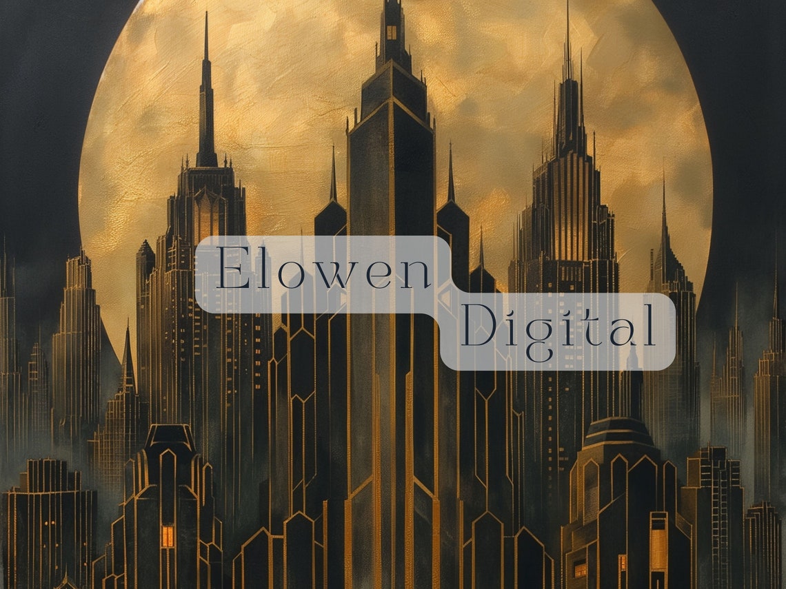 Dramatic Art Deco Skyscrapers At Night Under Golden Full Moon Poster - Image 6
