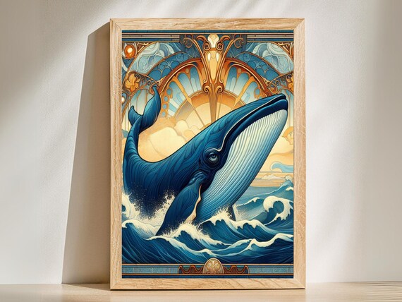 Art Nouveau Blue Whale Breaching Stylized Ocean Waves Art Poster