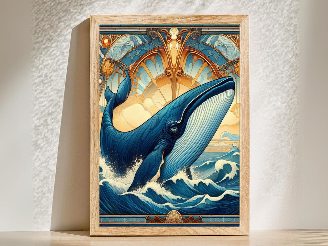 Art Nouveau Blue Whale Breaching Stylized Ocean Waves Art Poster