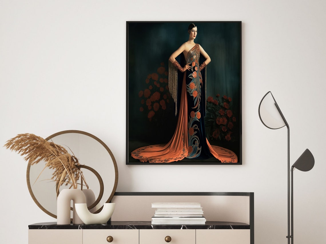 Art Deco Woman in One-Shoulder Orange Floral Embroidered Gown Poster - Image 3