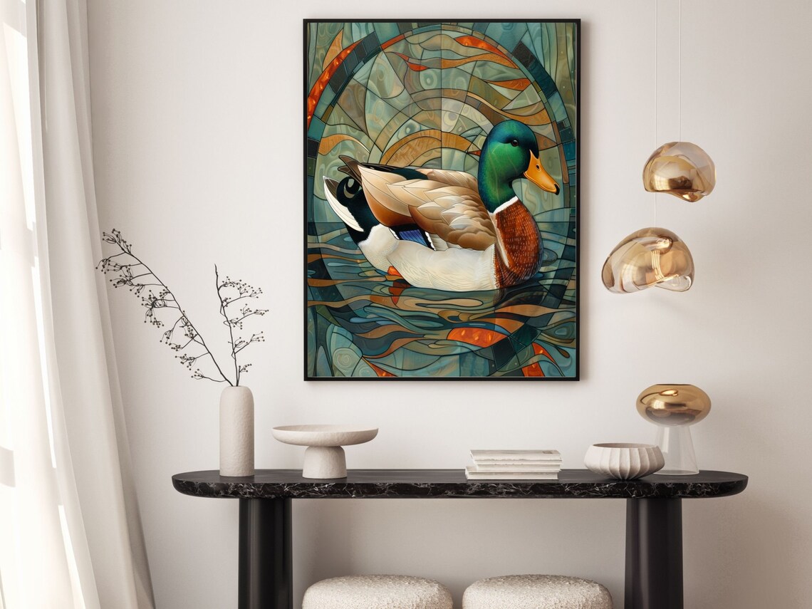 Stained Glass Mallard Duck on Water Art Deco Wildlife Wall Art - Image 4