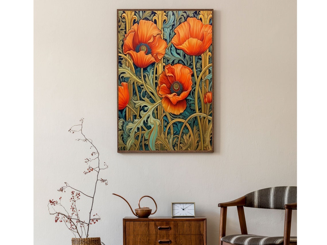 Art Nouveau Orange Poppies with Ornate Golden Foliage Poster - Image 4
