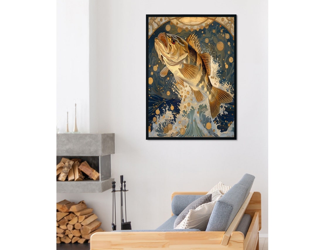Art Nouveau Fish Wall Art Retro Salmon Decor Poster Trout Jumping Out Of The Water Wall Hanging Striped Bass Original Art - Image 6