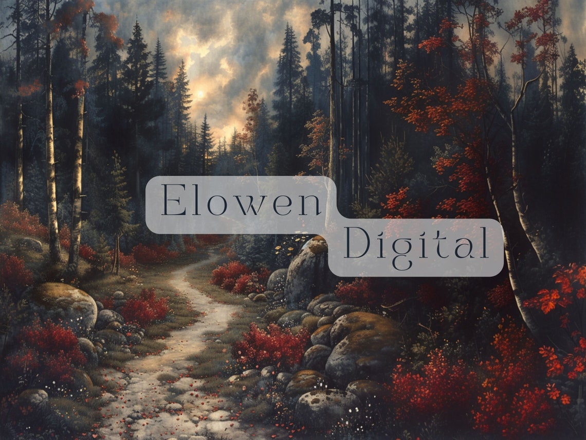 Moody Red Autumn Forest Path Through Dark Birch Woods Poster - Image 6