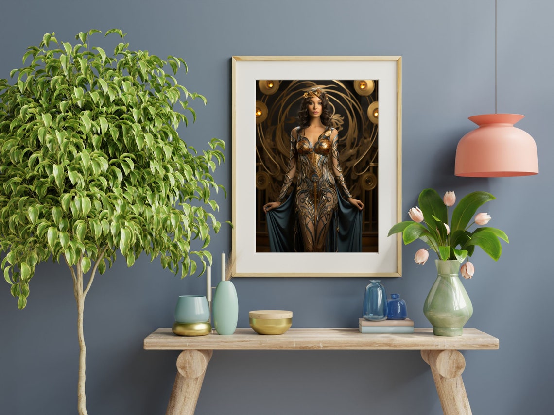 Erte Inspired Art Deco Woman Gold Gown Stage Portrait Wall Art - Image 3