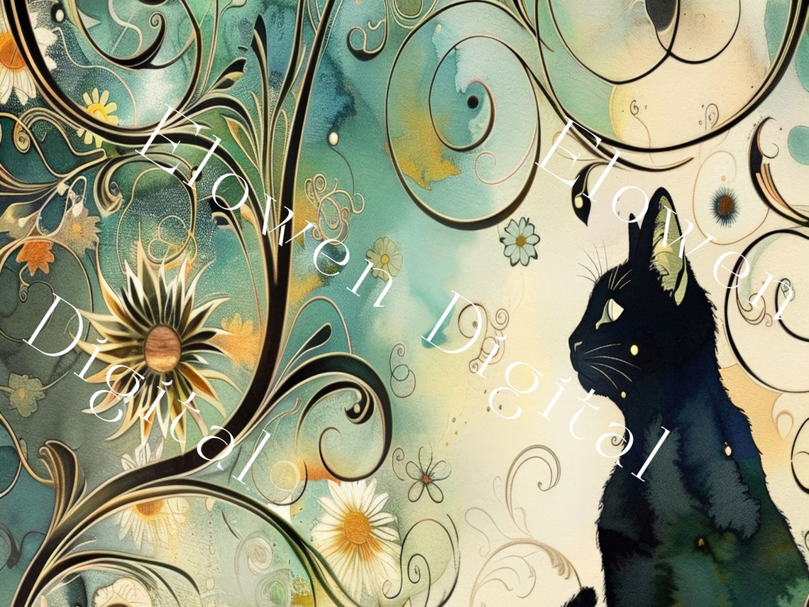 Art Nouveau Black Cat Watercolor Botanical Garden Swirl Wall Art - Image 5