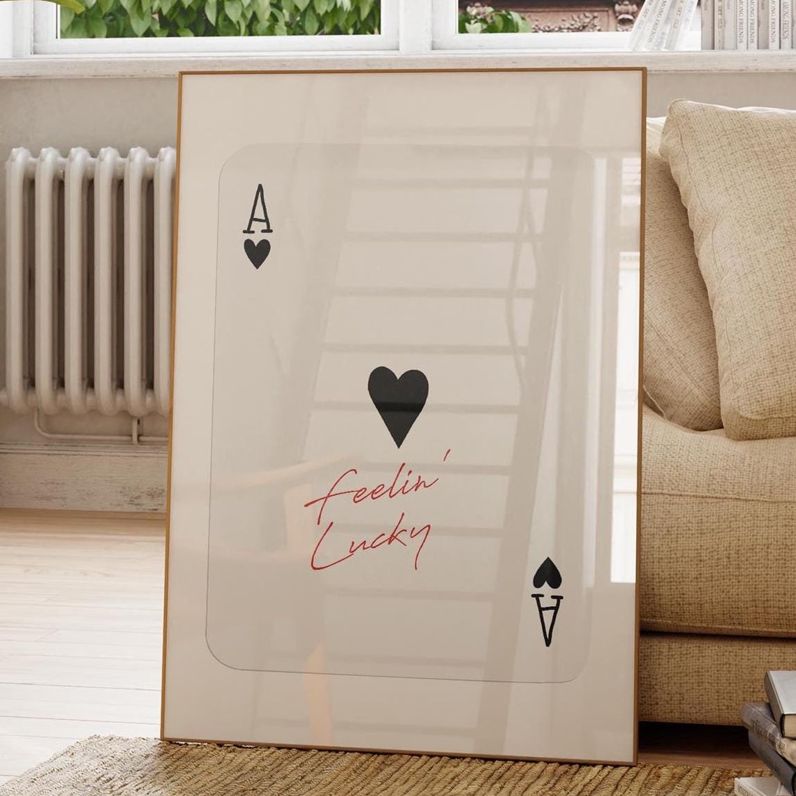 Ace Of Hearts Feelin Lucky Red Script Retro Playing Card Bar Poster