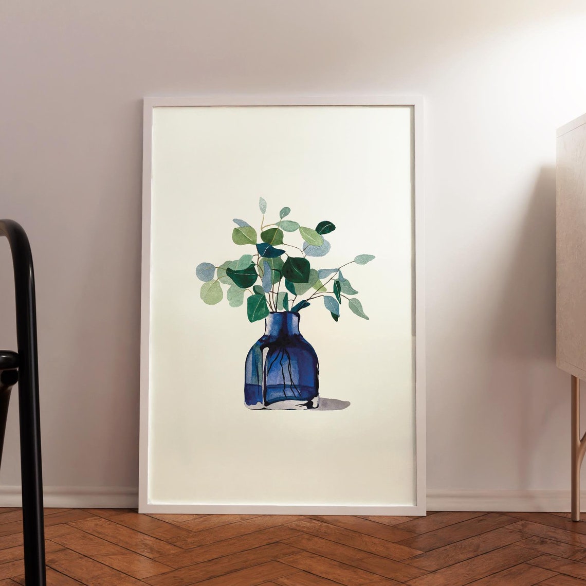 Watercolor Eucalyptus In Blue Glass Vase Minimalist Plant Poster
