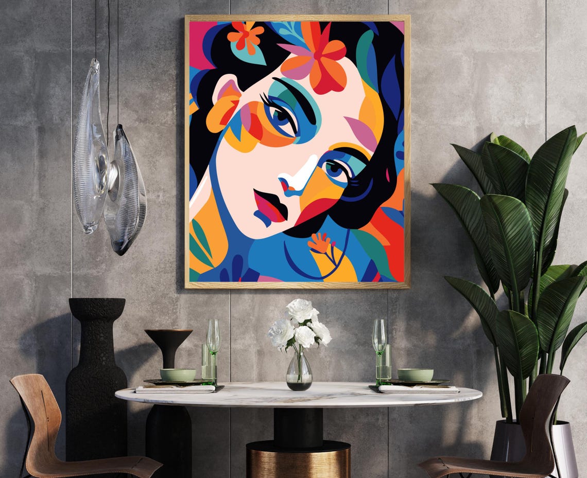 Pop Art Colorful Woman Face With Tropical Flowers Maximalist Poster - Image 5