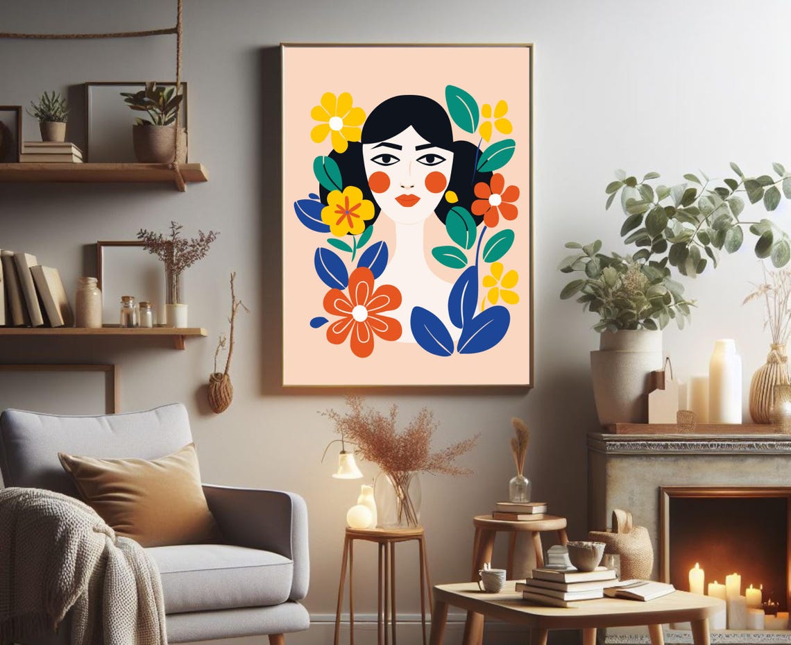 Stylized Woman Portrait Surrounded By Colorful Flowers Art Print - Image 3