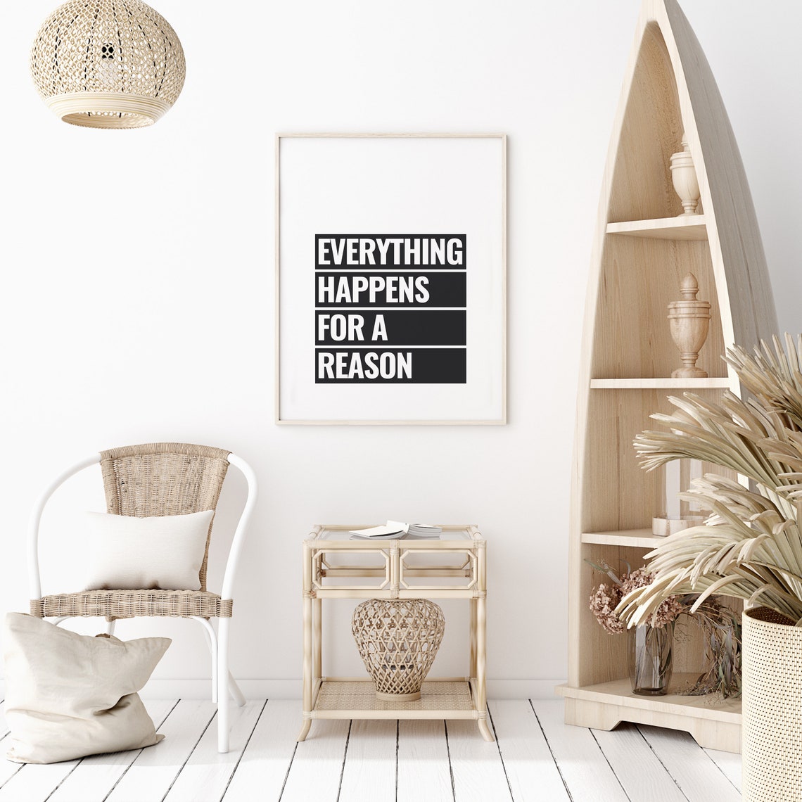 Everything Happens For A Reason Quote Black White Block Poster - Image 2
