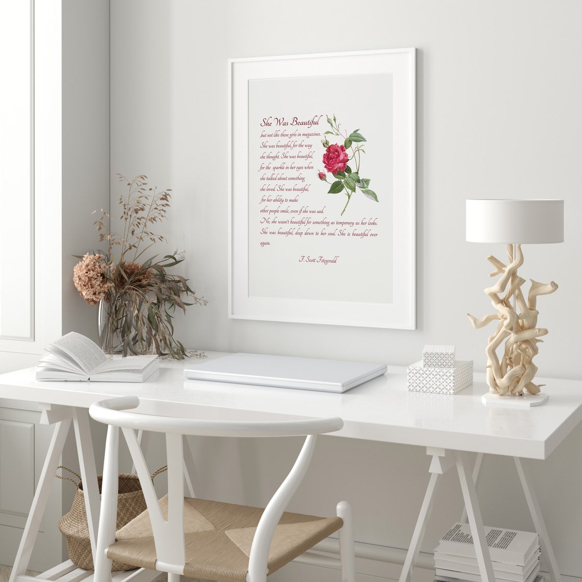F Scott Fitzgerald She Was Beautiful Rose Botanical Literary Poster - Image 3