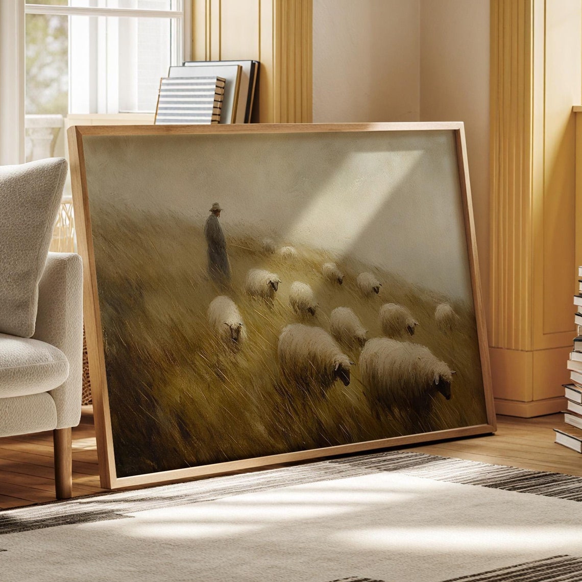 Shepherd With Sheep Flock Misty Golden Meadow Pastoral Landscape Print