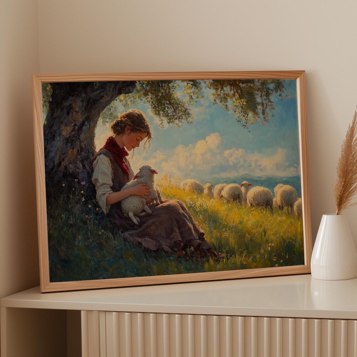 Shepherd Girl With Lamb, Pastoral Farm Scene