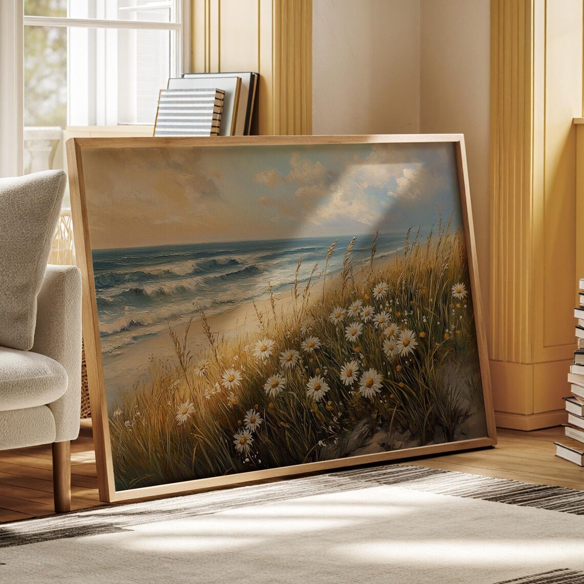 White Daisy Meadow And Beach Waves Golden Coastal Grass Scene Poster