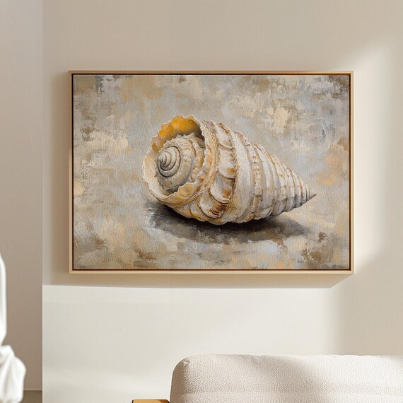 Captivating Oil Painting Of A Spiral Seashell With Textured Neutral Background Showcasing Intricate Coastal Elegance