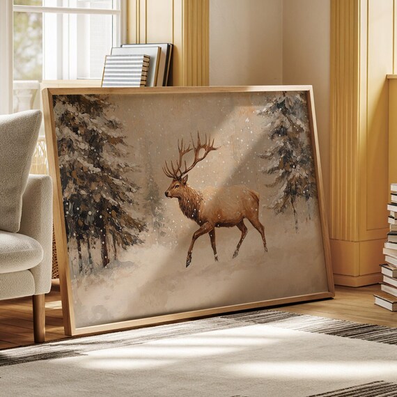 Young Elk In Snow Covered Winter Forest Lodge Wildlife Painting Print