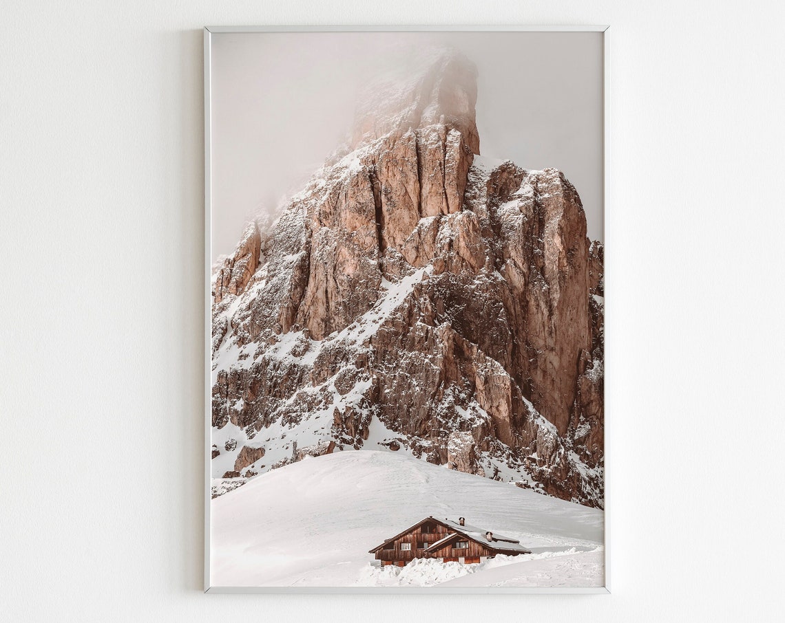Snowy Mountain Peak With Wooden Chalet Cabin Winter Wall Art