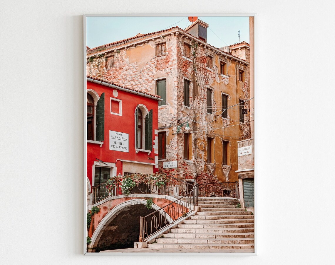 Venice Canal Bridge with Red House and Stone Steps Photography Poster