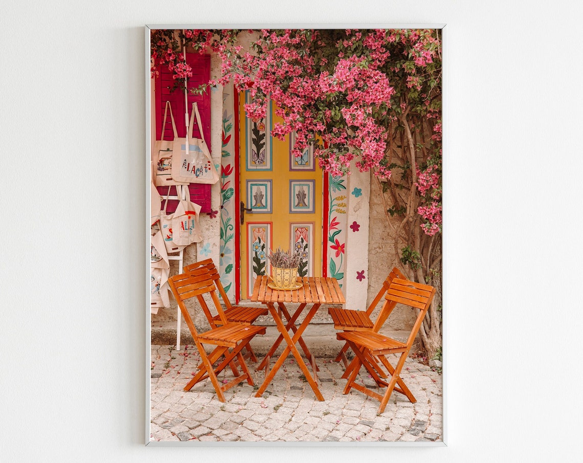 Colorful Yellow Painted Door Cafe Table Bougainvillea Wall Art