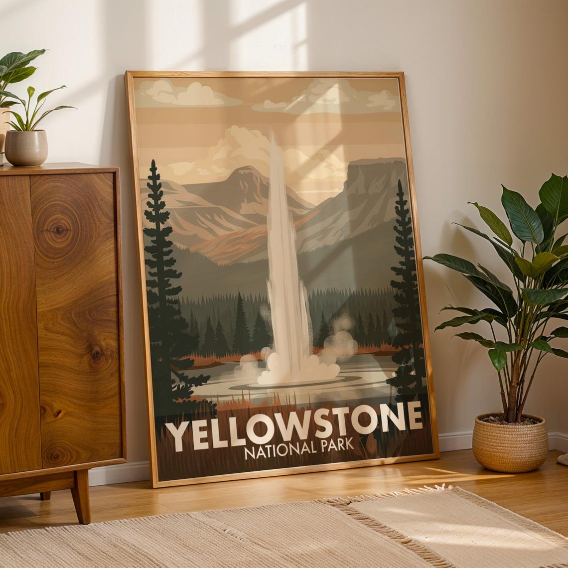 Yellowstone National Park Geyser Eruption Retro Travel Poster