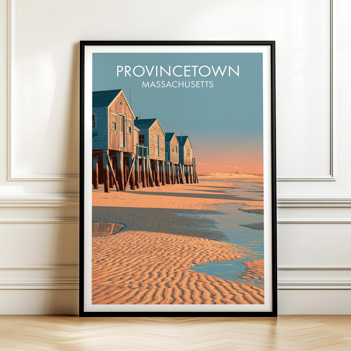 Provincetown Massachusetts Stilt Beach Houses Sunset Travel Poster