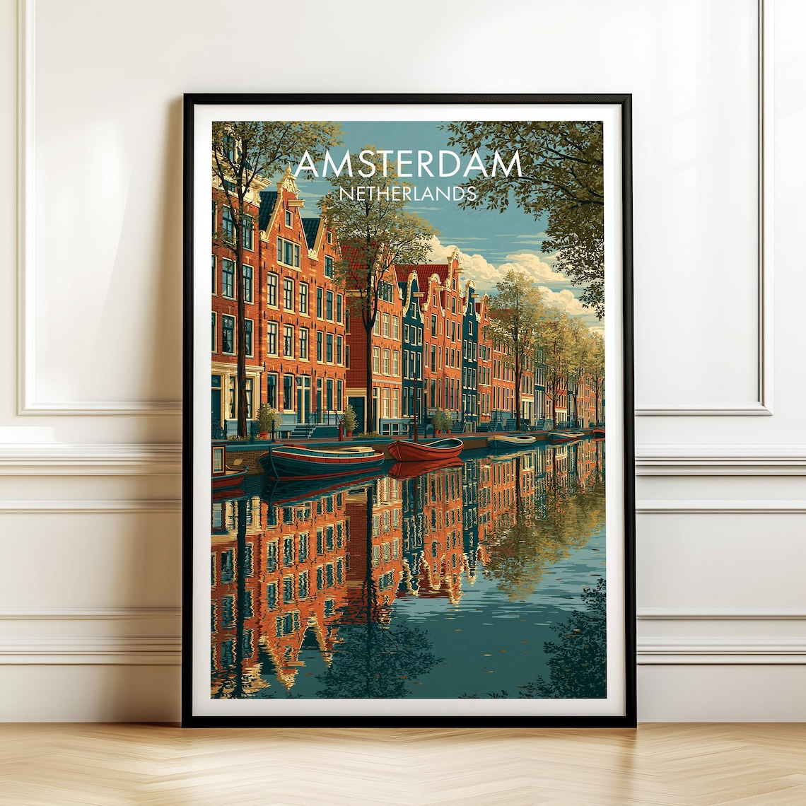 Amsterdam Netherlands Vintage Travel Poster, Cityscape