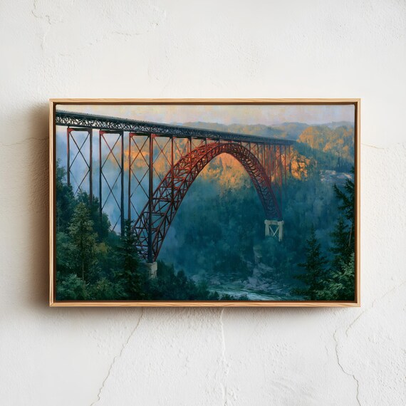 New River Gorge Steel Arch Bridge Sunset Vintage Landscape Poster