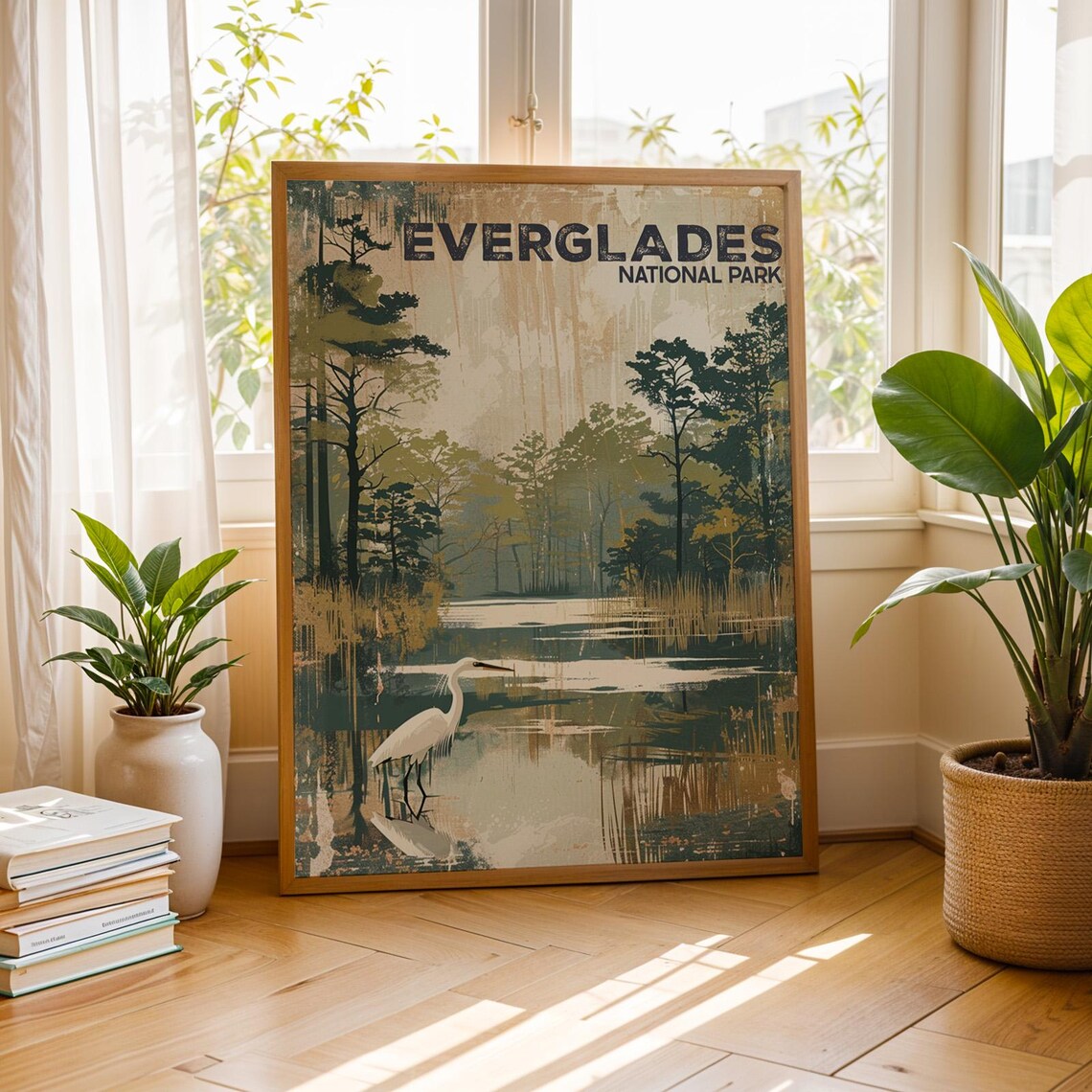 Everglades National Park Vintage Wetland Heron Scene Travel Art Poster