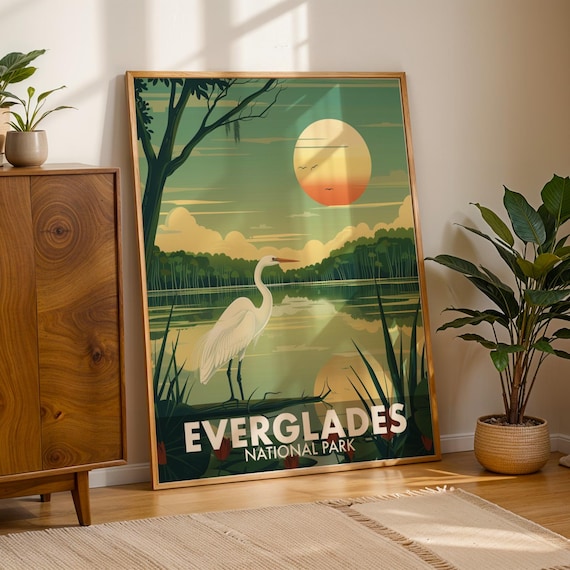 Everglades National Park Egret Wetland Golden Sunset Travel Poster