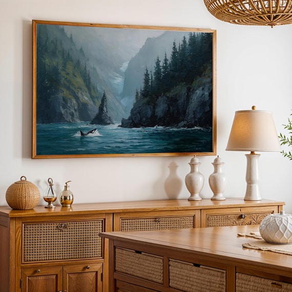 Kenai Fjords Whale Surfacing Misty Glacier Water Scene Poster