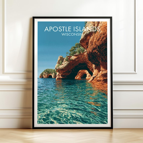 Apostle Islands Wisconsin Red Rock Sea Caves Vintage Travel Poster