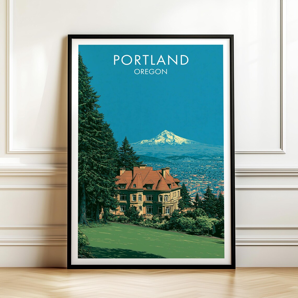 Portland Oregon Mount Hood Mansion City Scenic Travel Poster