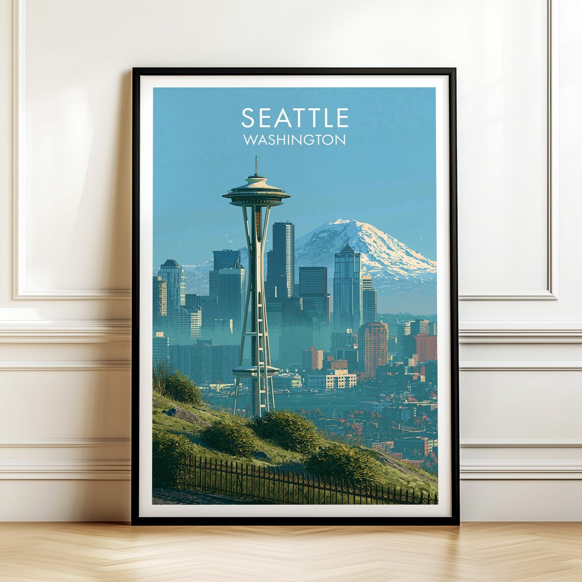 Seattle Washington Space Needle Skyline Mount Rainier Travel Art Poster