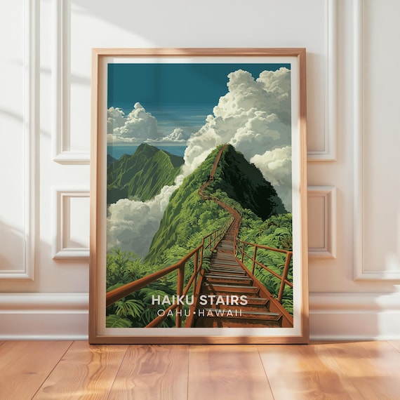 Haiku Stairs Oahu Hawaii Stairway to Heaven Ridge Vintage Travel Poster