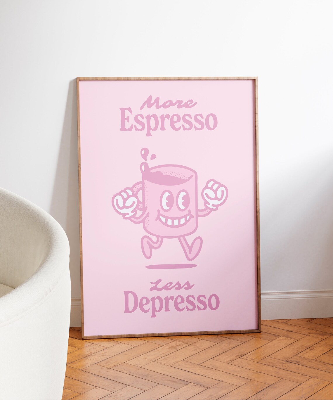More Espresso Less Depresso Pink Coffee Mascot Funny Quote Poster - Image 3
