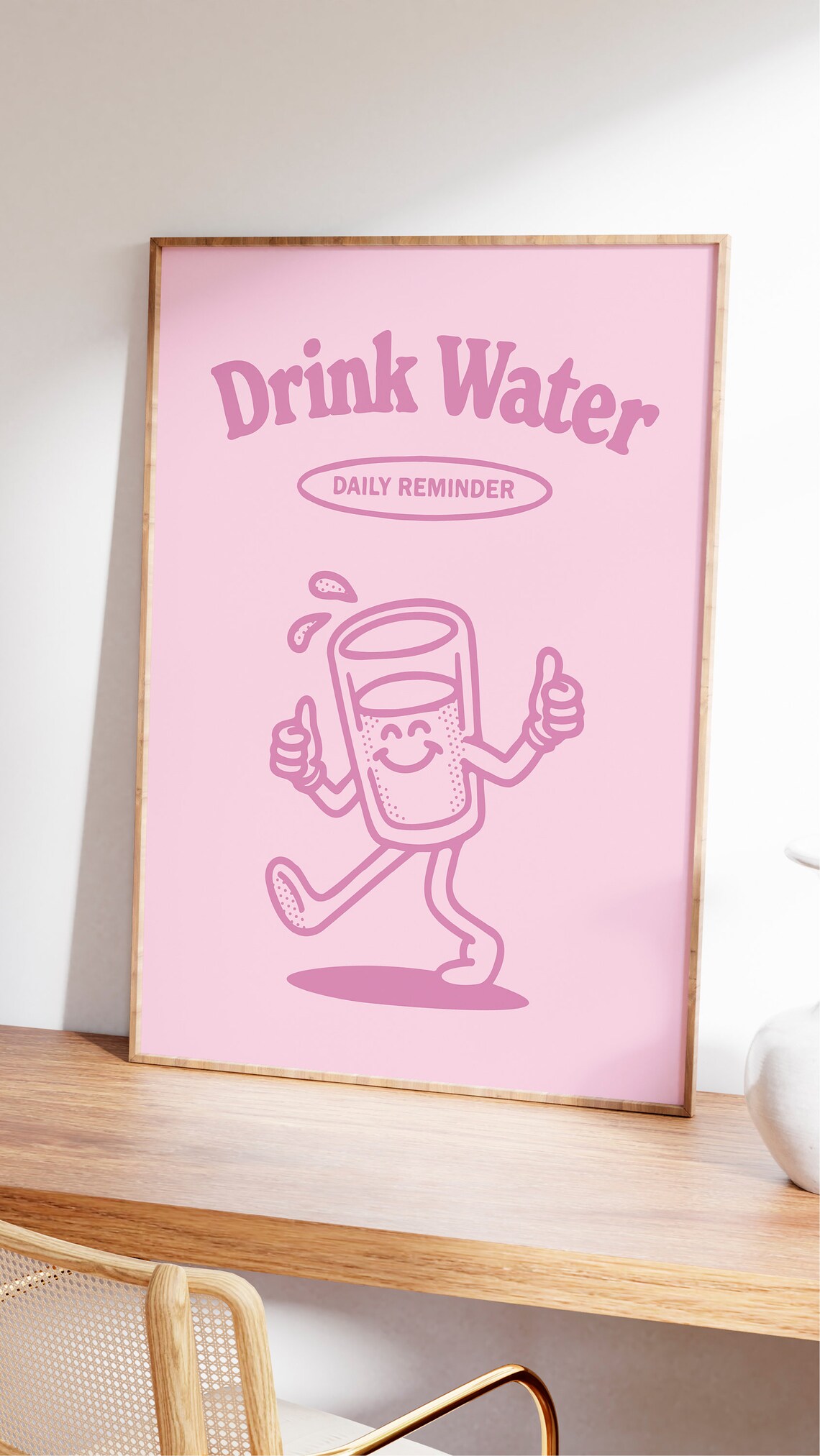 Drink Water Daily Reminder Pink Retro Water Glass Mascot Poster - Image 2
