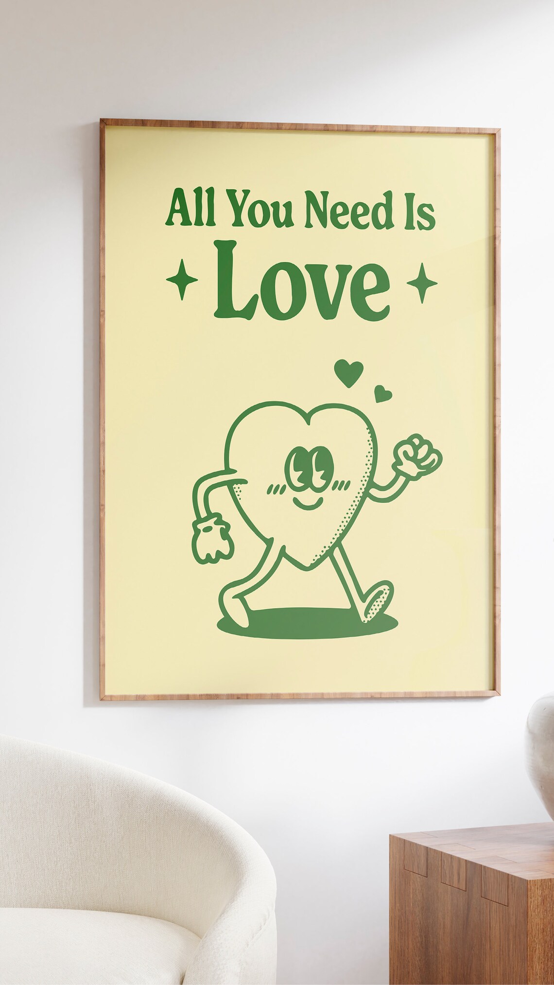 All You Need Is Love Cute Green Heart Retro Cartoon Quote Poster - Image 2